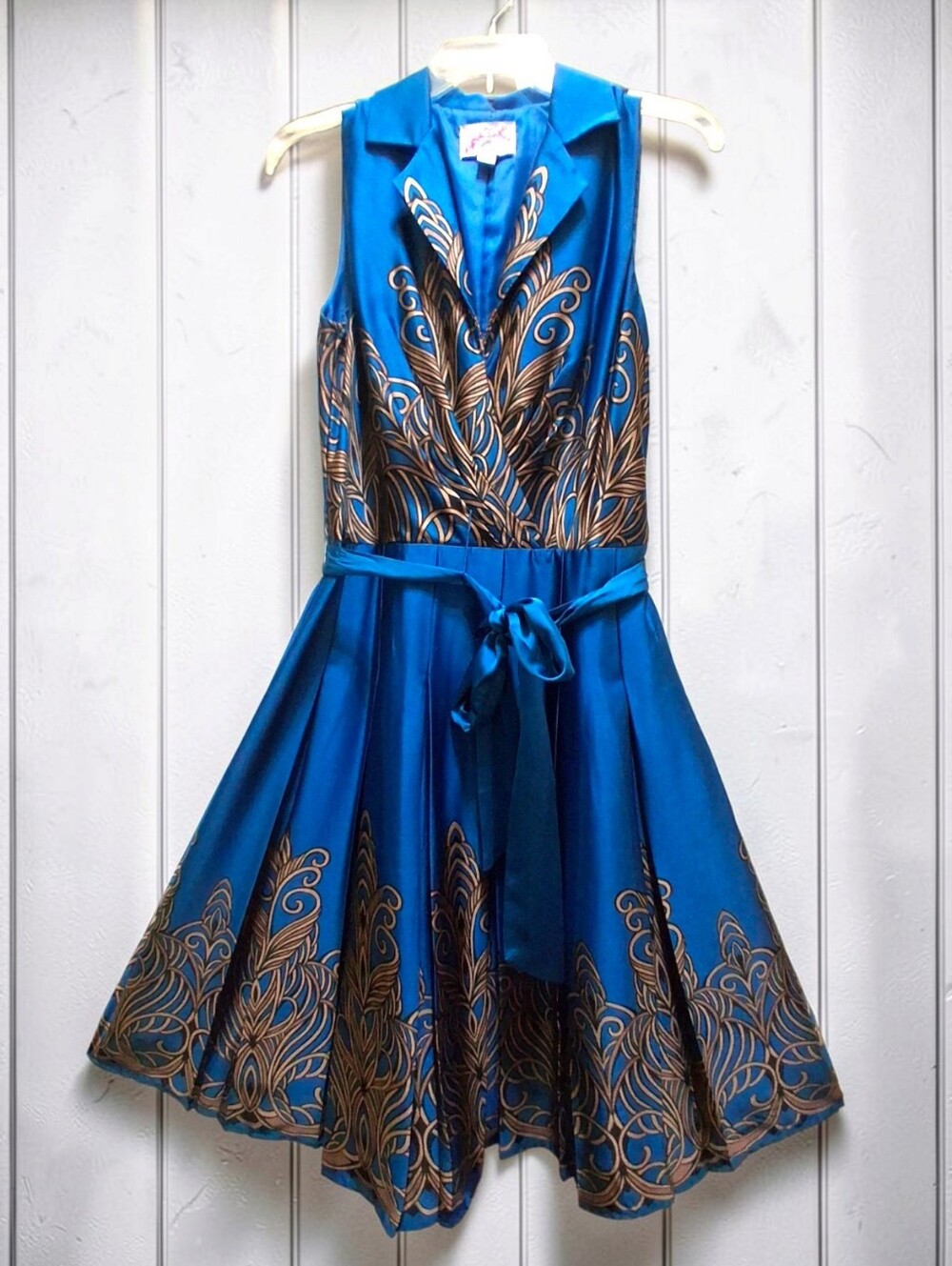 Blue Satin Pleated Dress with Gold Feather Motif
